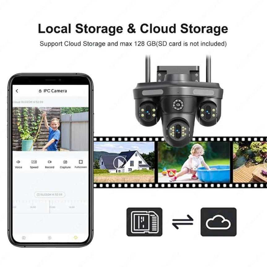 Camera Supraveghere WiFi cu 3 Camere Rotative 360°, Lumini/Sirena, 12MP, Ultra HD, Viziune Nocturna Color, Detectie Umana, PIR, Audio, V380 Pro, IP66, PTZ [14]