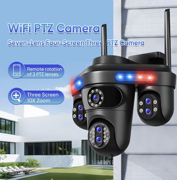 Camera Supraveghere WiFi cu 3 Camere Rotative 360°, Lumini/Sirena, 12MP, Ultra HD, Viziune Nocturna Color, Detectie Umana, PIR, Audio, V380 Pro, IP66, PTZ [6]