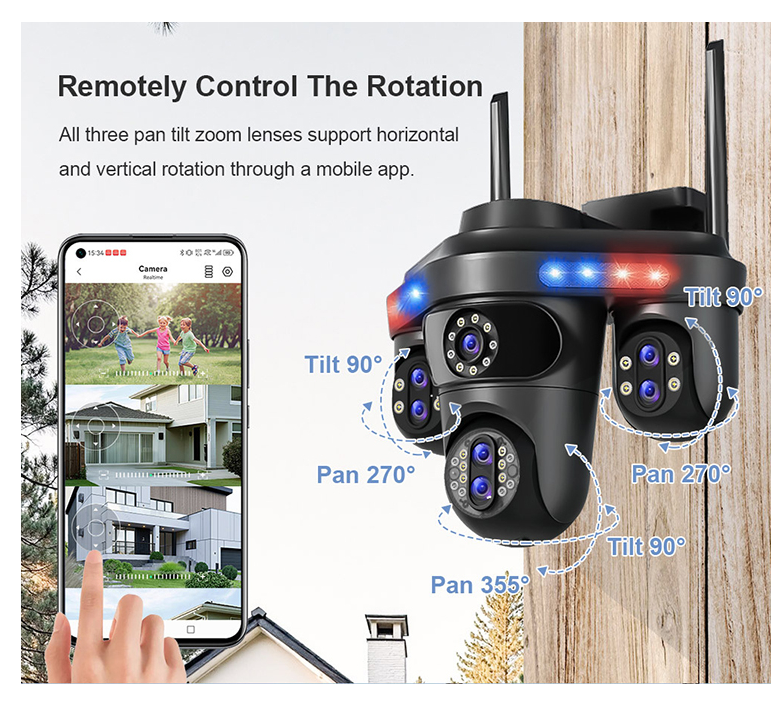 Camera Supraveghere WiFi cu 3 Camere Rotative 360°, Lumini/Sirena, 12MP, Ultra HD, Viziune Nocturna Color, Detectie Umana, PIR, Audio, V380 Pro, IP66, PTZ [12]
