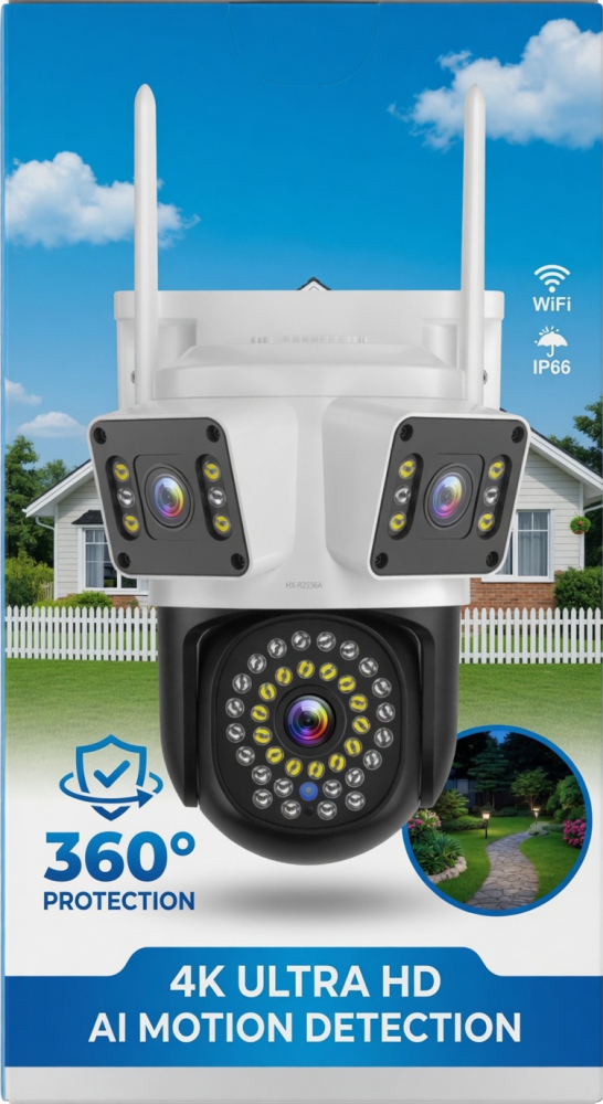 Camera Supraveghere WiFi cu 3 Lentile,12 MP Ultra HD, 360° PTZ, 10X Zoom Digital, Infrarosu, Lumini LED Puternice, Detectie Umana si Miscare, Alarma cu Sirena si Lumini, IP66, Audio Bidirectional [2]