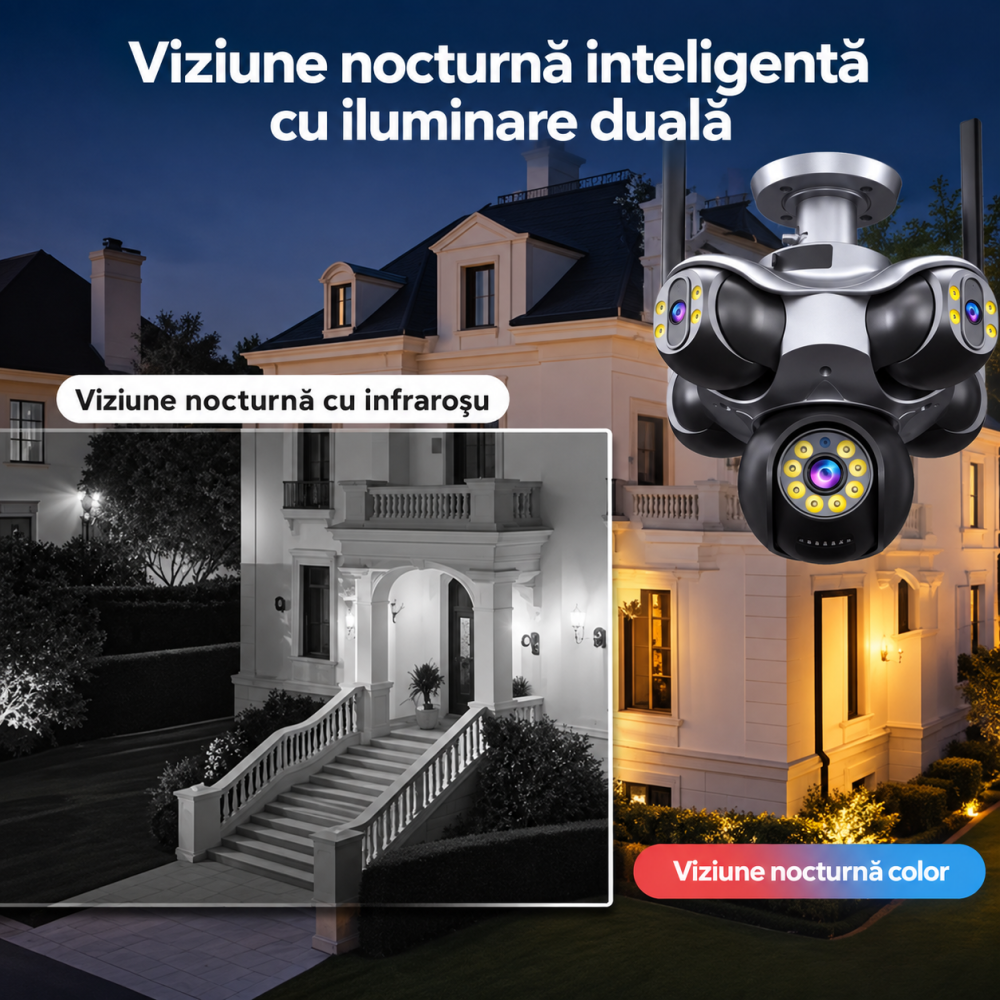 Camera Supraveghere WiFi cu 5 Lentile, 25 MP, Camere Rotative 360°, 4K Ultra HD, PTZ, Viziune Nocturna Color, Detectare Umana, Zoom 10X Digital, Audio Bidirectional, Alarma, IP66, Card Memorie 64GB In [7]