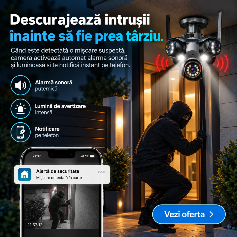 Camera Supraveghere WiFi cu 5 Lentile, 25 MP, Camere Rotative 360°, 4K Ultra HD, PTZ, Viziune Nocturna Color, Detectare Umana, Zoom 10X Digital, Audio Bidirectional, Alarma, IP66, Card Memorie 64GB In [3]