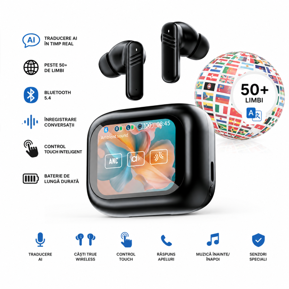 Casti Wireless OKOP cu Traducere AI in Peste 50 de Limbi, Ecran Touch Inteligent, Bluetooth, Inregistrare Conversatii, Hyper AI, Baterie de Lunga Durata [9]