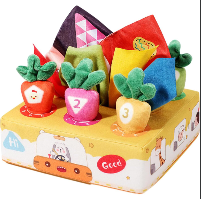 Jucarie pentru Bebelusi, Cutie Colorata de Servetele, material textil, Cu hartie de Fun Rattle, Activitate Senzoriala,  17.5 x 17.5 x 6 cm [6]