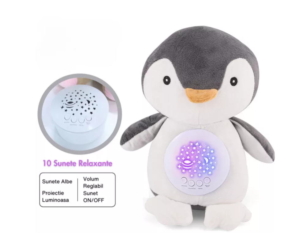 Jucărie de Plus Pinguin / Girafă cu Proiector Stele și Sunete Albe pentru Somn Copii, 25 cm, Night Light Baby [6]