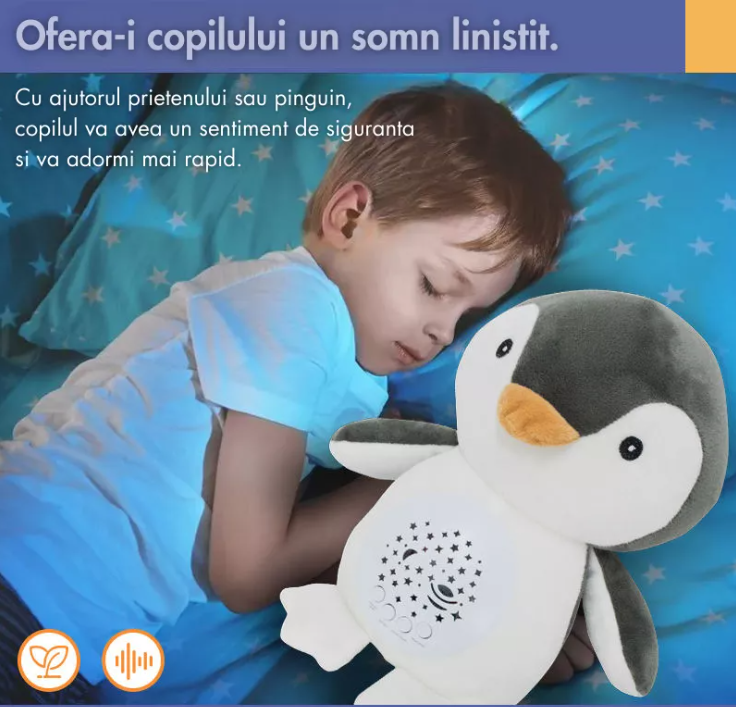 Jucărie de Plus Pinguin / Girafă cu Proiector Stele și Sunete Albe pentru Somn Copii, 25 cm, Night Light Baby [4]
