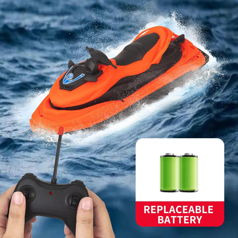 Jet Ski RC 27MHz cu Telecomanda - Motorboat de Viteza pentru Piscina, Lac si Mare, Rezistent la Apa, Baterie Reinlocuibila, 25.8 cm, Jucarie Interactiva pentru Copii - Negru [2]