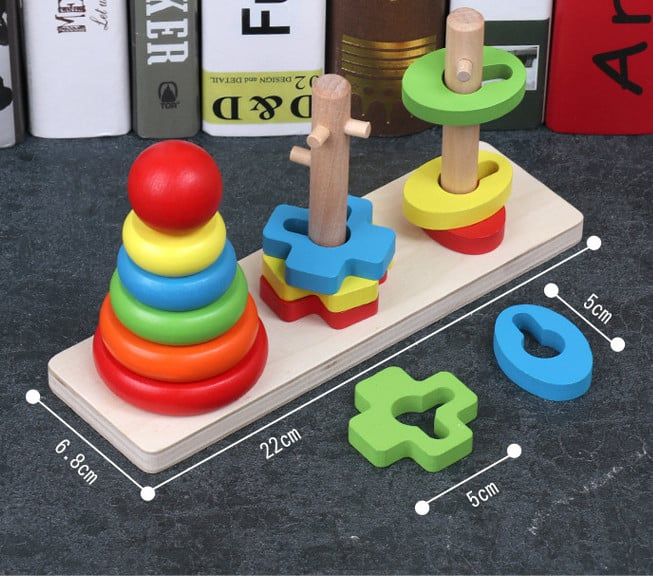Joc Montessori 3 in 1 din Lemn, Piramida de Stivuit, 14 piese, Multicolor, iStan® [3]