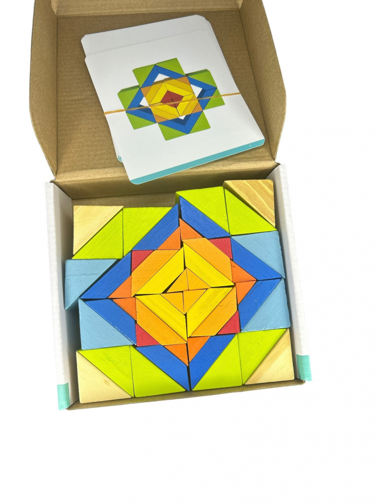 Joc Montessori mozaic de aranjat piese geometrice 3D + carduri cu modele imprimate Fata-Verso, Set 48 Piese, Multicolor, Lemn [5]