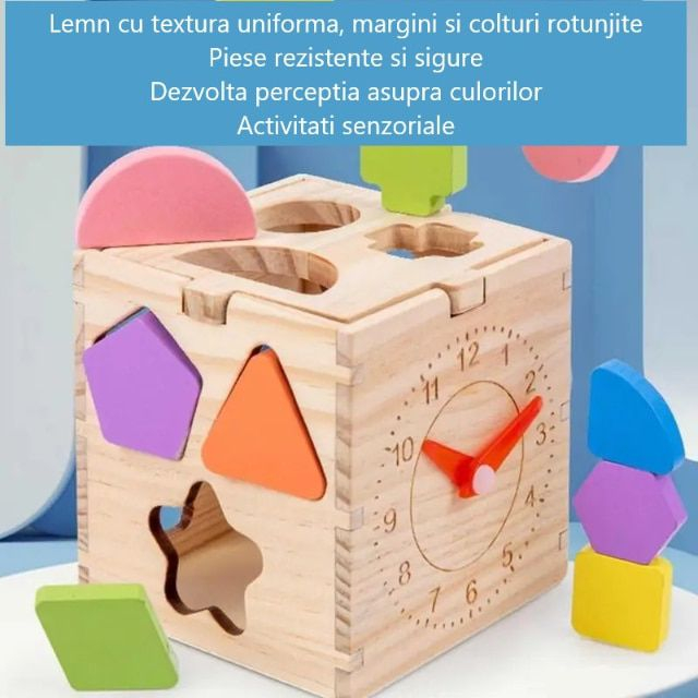 Jucarie educativa, Cub din lemn, Activitati de tip Montessori, de sortare a formelor geometrice, recunoastere a culorilor, invatare ceas, +3 ani [4]