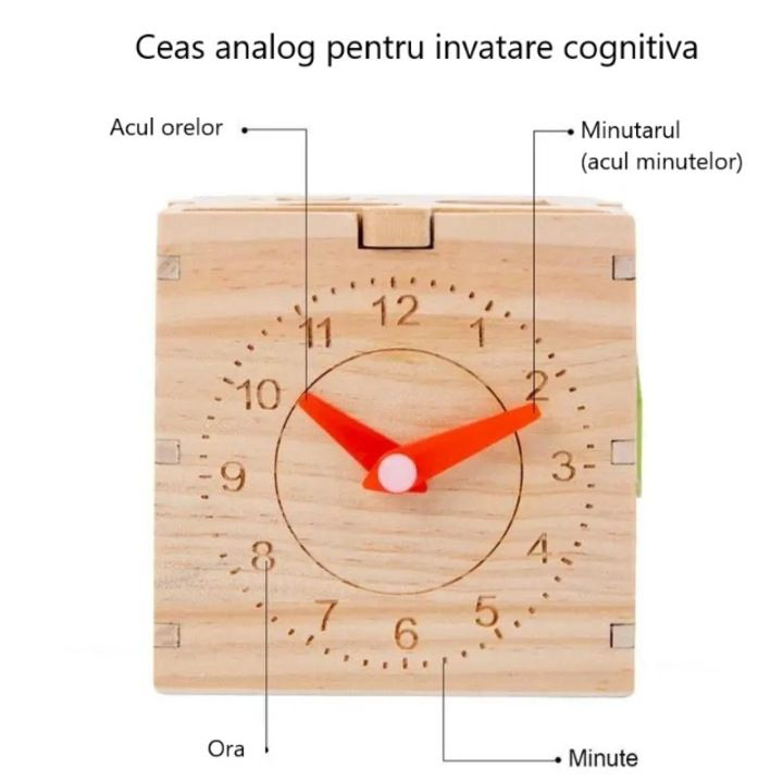 Jucarie educativa, Cub din lemn, Activitati de tip Montessori, de sortare a formelor geometrice, recunoastere a culorilor, invatare ceas, +3 ani [5]