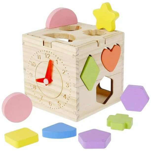 Jucarie educativa, Cub din lemn, Activitati de tip Montessori, de sortare a formelor geometrice, recunoastere a culorilor, invatare ceas, +3 ani [1]