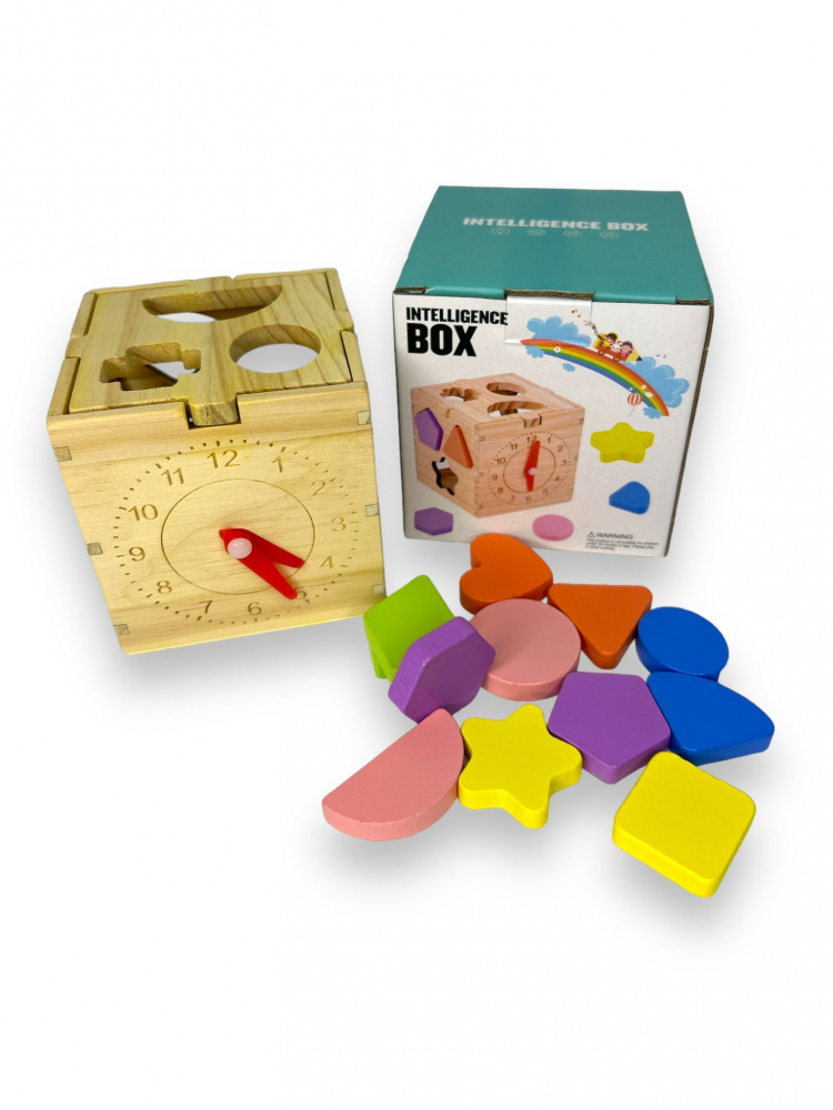 Jucarie educativa, Cub din lemn, Activitati de tip Montessori, de sortare a formelor geometrice, recunoastere a culorilor, invatare ceas, +3 ani [3]