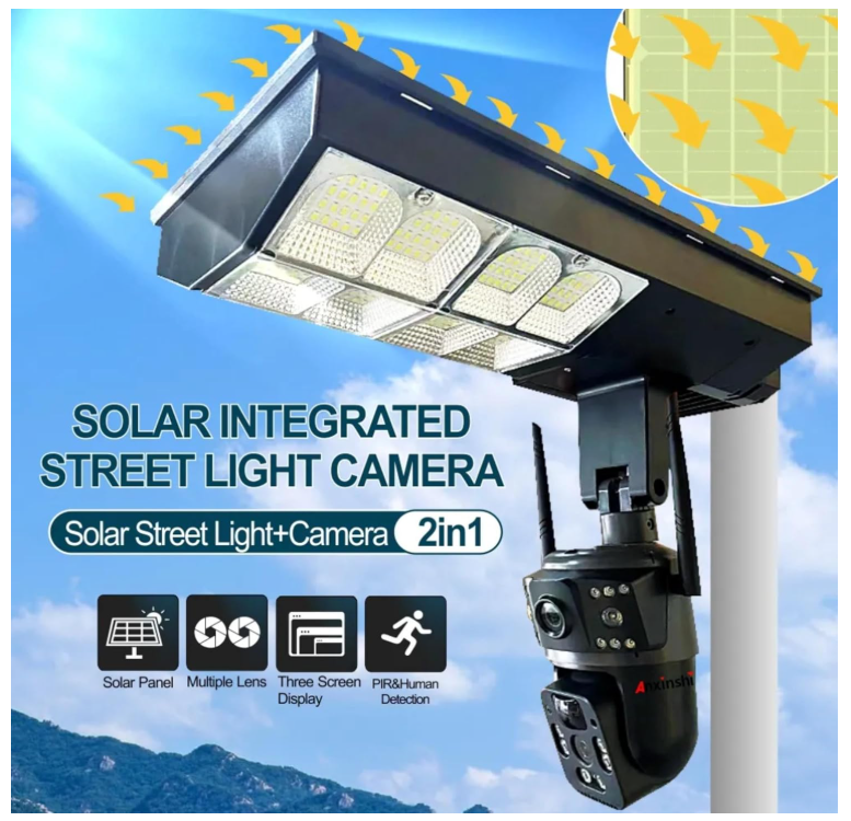Cameră de Supraveghere Solară 4G cu Lampă Integrată, Sistem 5-în-1, 4 Lentile, Rotire 360°, Detecție Mișcare, Viziune Nocturnă IR & Color, Audio Bidirecțional, IP67, Panou Solar, Monitorizare Live [12]
