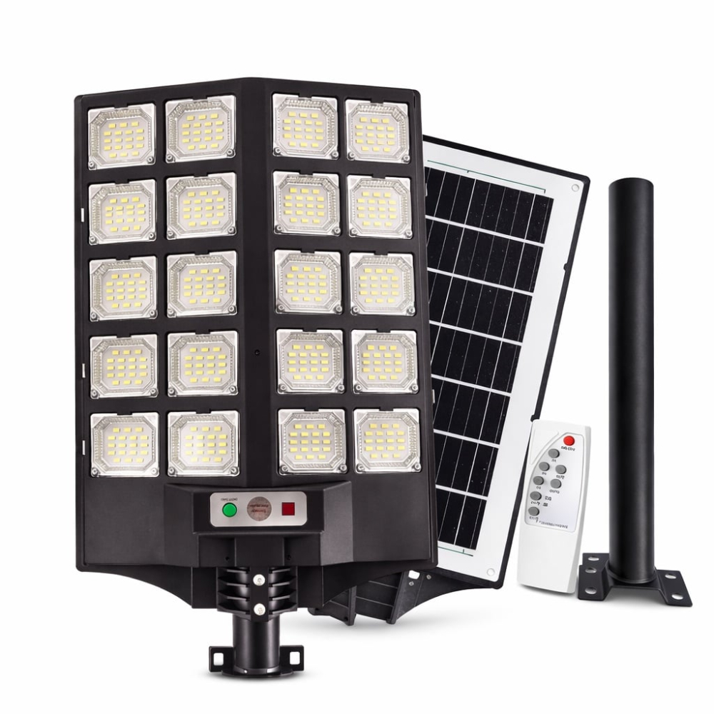 Lampa Stradala Solara 500W, 500 LED-uri, Senzor Miscare, IP66, Telecomanda, Autonomie 12–14h, Panou Solar Integrat + Stalp, 85 cm Reglabila [9]