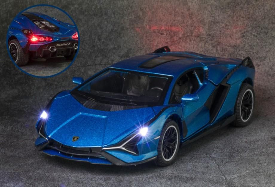 Macheta Lamborghini SIAN, Metal, Sunete de Motor si Lumini, Functii de Deschidere Usi si Pull-Back, Albastru, 15 cm [5]