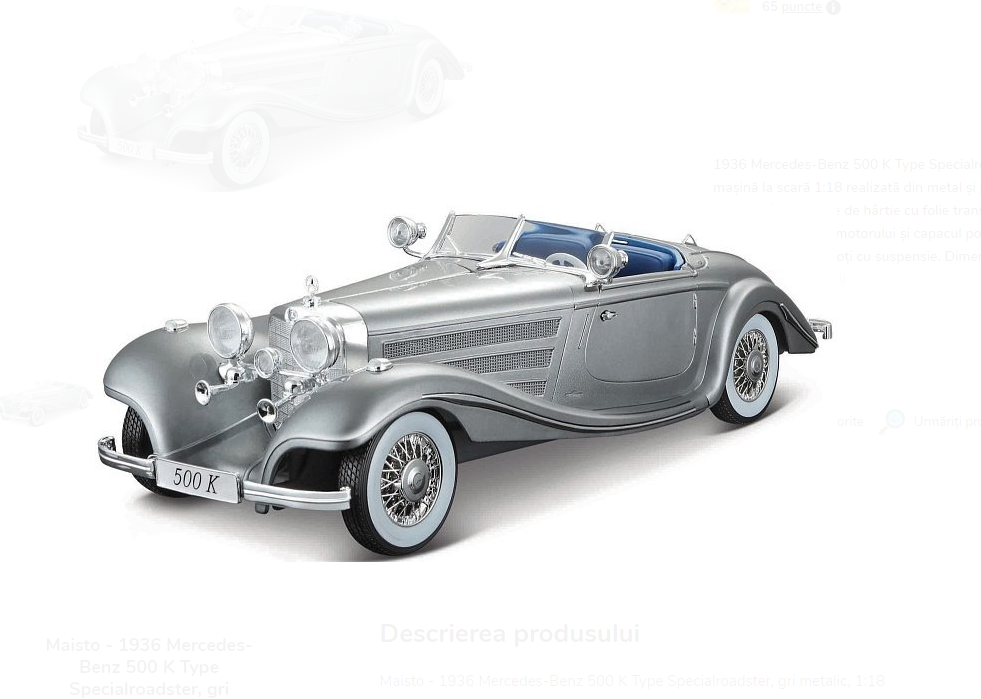 Macheta Mercedes-Benz 500 K Specialroadster 1936, Fum pe Baza de Apa, Sunete de Motor si Lumini, Functii de Deschidere Usi si Pull-Back, Gri Metalic, 1:24 [7]