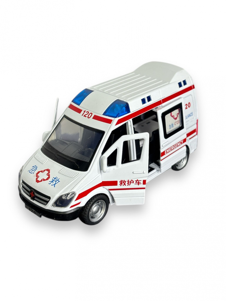 Macheta Mercedes Sprinter, Ambulanta, din Metal, cu Lumini si Sunete realistice de Motor si Alarma, cu Functie Pull-Back, cu Functie de Deschidere a Usilor [1]