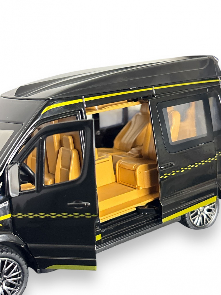 Macheta Mercedes Sprinter, din Metal, cu Lumini si Sunete realistice de Motor si Alarma, cu Functie Pull-Back, cu Functie de Deschidere a Usilor - Negru [4]