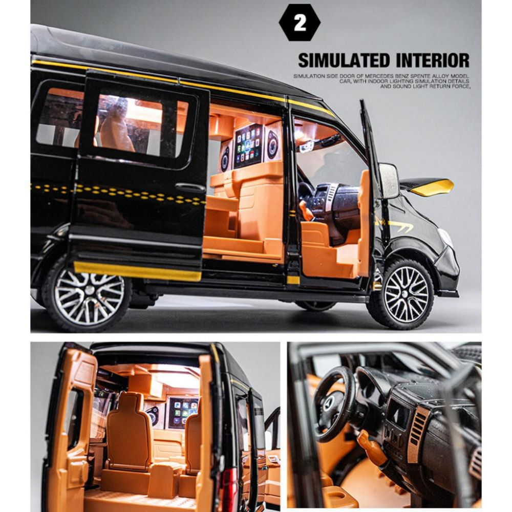 Macheta Mercedes Sprinter, din Metal, cu Lumini si Sunete realistice de Motor si Alarma, cu Functie Pull-Back, cu Functie de Deschidere a Usilor - Negru [8]