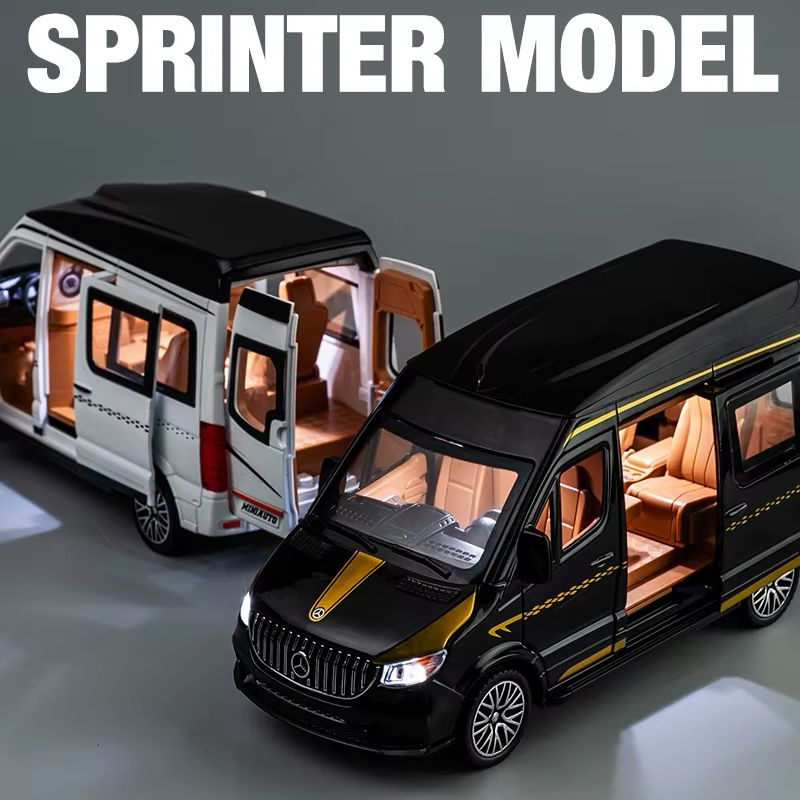 Macheta Mercedes Sprinter, din Metal, cu Lumini si Sunete realistice de Motor si Alarma, cu Functie Pull-Back, cu Functie de Deschidere a Usilor - Negru [12]