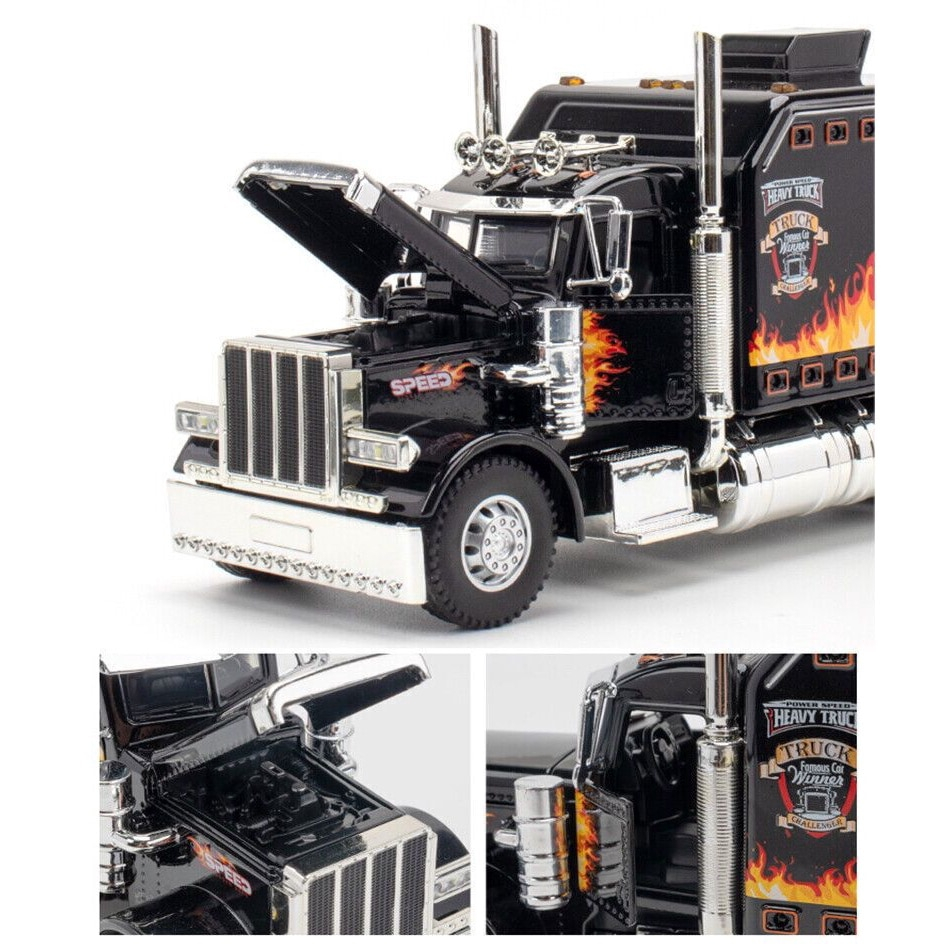Macheta Metalica TIR, Model American Peterbilt cu Lumini, Sunete Realiste, Faruri Luminoase, Capota si Usi Mobile, 24 cm - Negru [6]