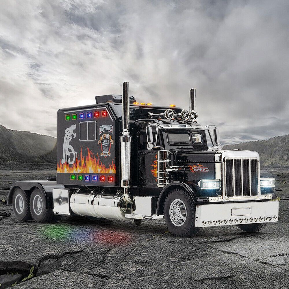 Macheta Metalica TIR, Model American Peterbilt cu Lumini, Sunete Realiste, Faruri Luminoase, Capota si Usi Mobile, 24 cm - Negru [2]