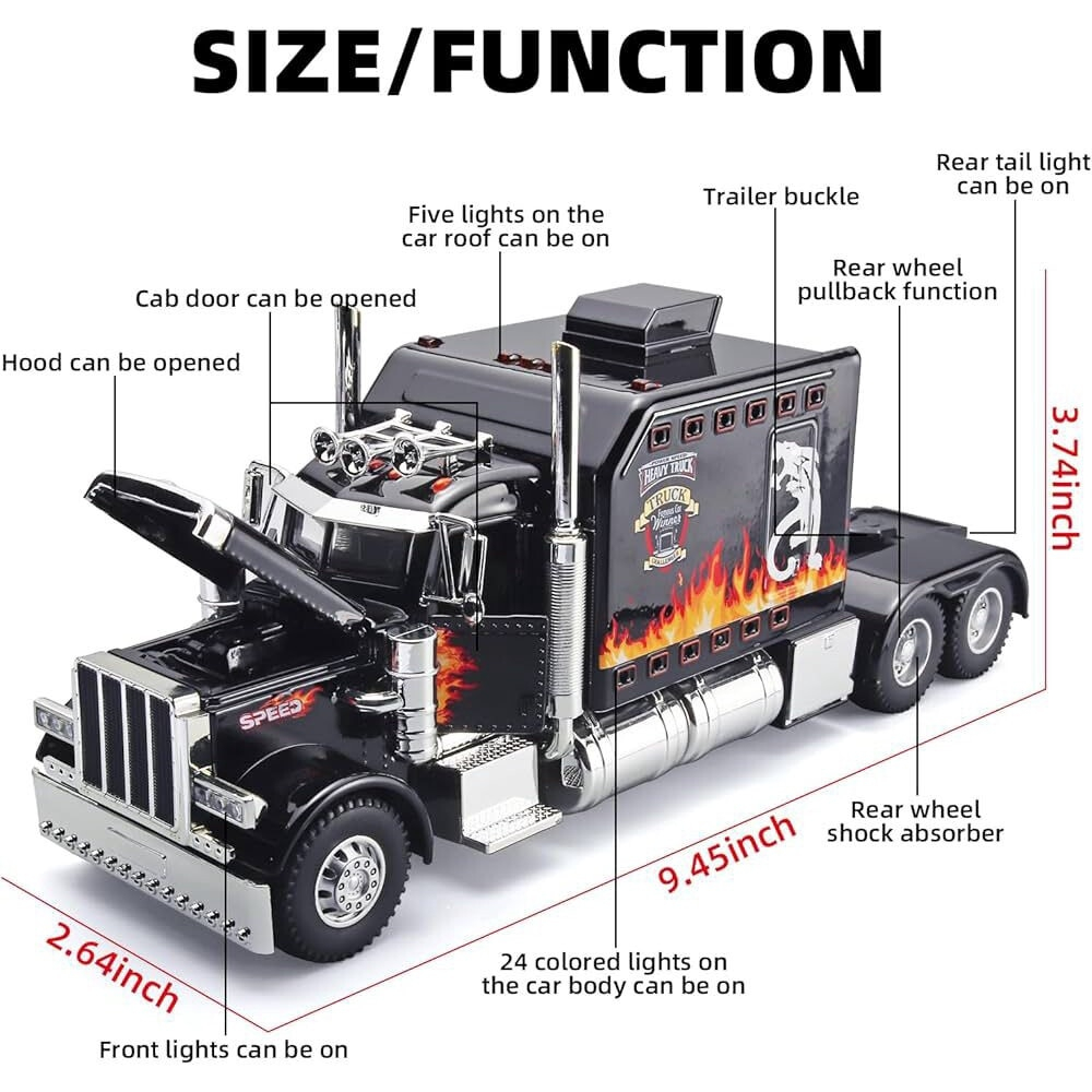 Macheta Metalica TIR, Model American Peterbilt cu Lumini, Sunete Realiste, Faruri Luminoase, Capota si Usi Mobile, 24 cm - Negru [4]