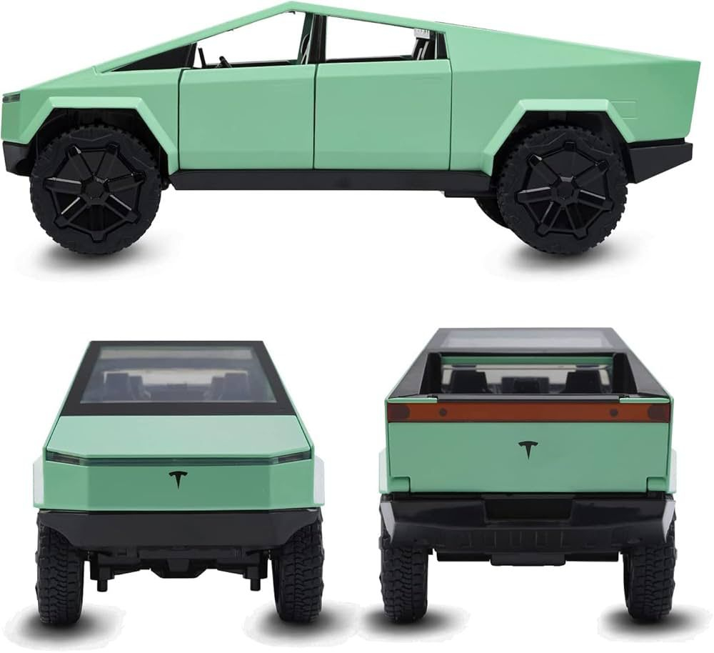 Macheta Tesla Cybertruck, Faruri si Stopuri Luminoase, din Metal, cu Lumini si Sunete realistice de Motor si Alarma, Volan Functional, cu Functie Pull-Back, cu Functie de Deschidere a Usilor - Verde [2]