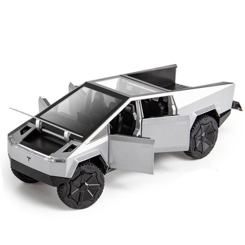 Macheta Tesla Cybertruck, Faruri si Stopuri Luminoase, din Metal, cu Lumini si Sunete realistice de Motor si Alarma, Volan Functional, cu Functie Pull-Back, cu Functie de Deschidere a Usilor - Gri [20]