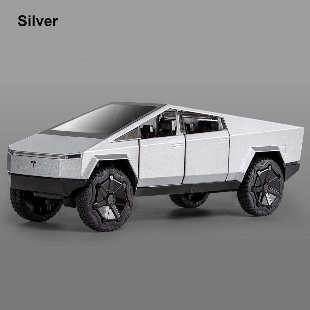 Macheta Tesla Cybertruck, Faruri si Stopuri Luminoase, din Metal, cu Lumini si Sunete realistice de Motor si Alarma, Volan Functional, cu Functie Pull-Back, cu Functie de Deschidere a Usilor - Gri [7]