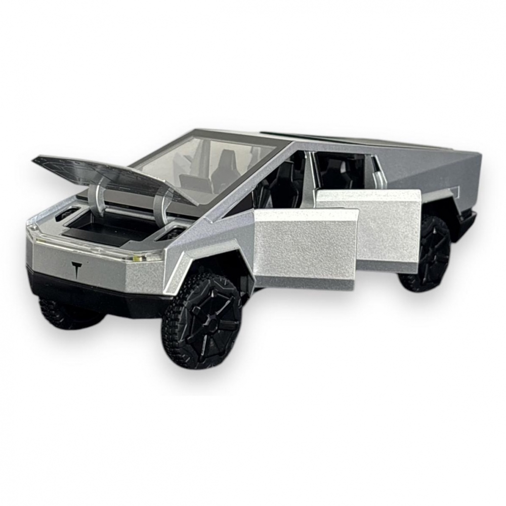 Macheta Tesla Cybertruck, Faruri si Stopuri Luminoase, din Metal, cu Lumini si Sunete realistice de Motor si Alarma, Volan Functional, cu Functie Pull-Back, cu Functie de Deschidere a Usilor - Gri [19]