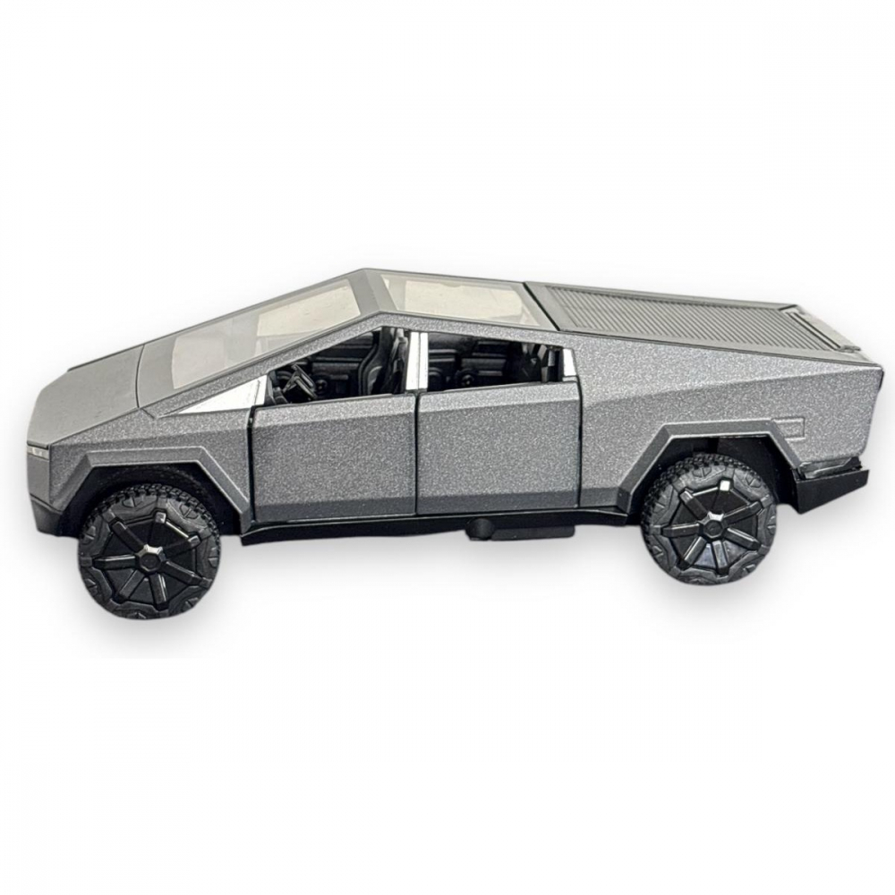 Macheta Tesla Cybertruck, Faruri si Stopuri Luminoase, din Metal, cu Lumini si Sunete realistice de Motor si Alarma, Volan Functional, cu Functie Pull-Back, cu Functie de Deschidere a Usilor - Gri [17]