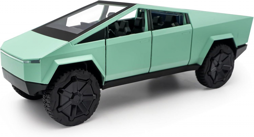 Macheta Tesla Cybertruck, Faruri si Stopuri Luminoase, din Metal, cu Lumini si Sunete realistice de Motor si Alarma, Volan Functional, cu Functie Pull-Back, cu Functie de Deschidere a Usilor - Verde [9]