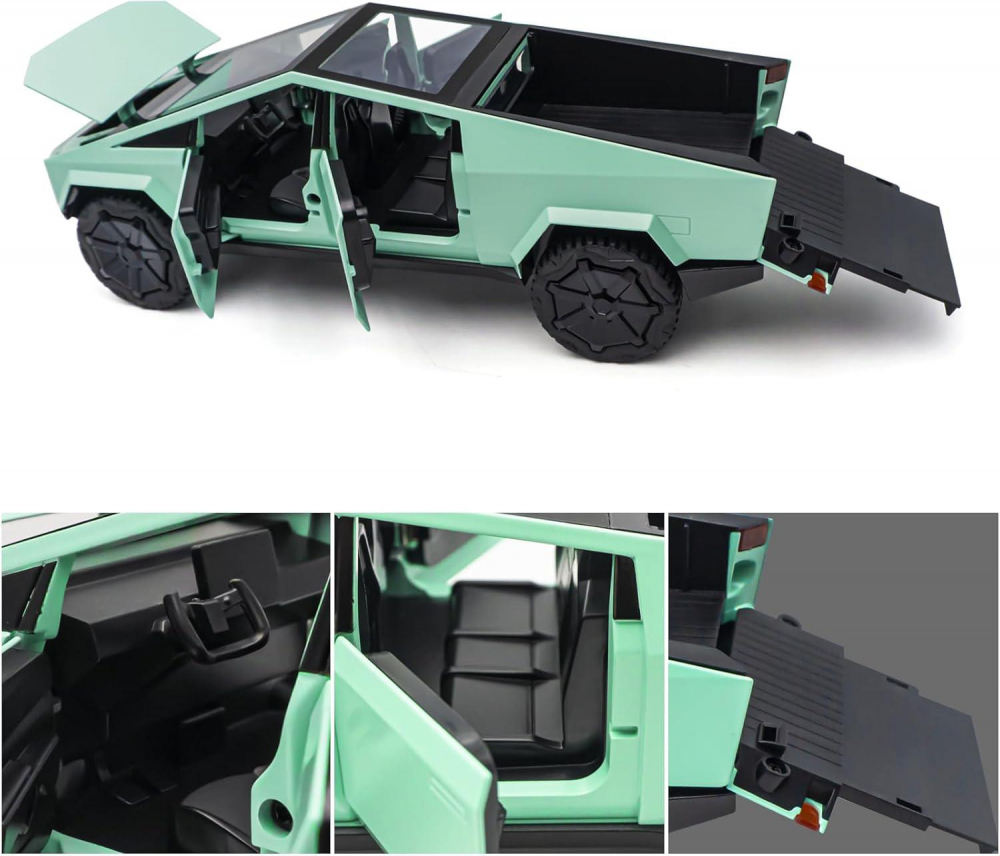 Macheta Tesla Cybertruck, Faruri si Stopuri Luminoase, din Metal, cu Lumini si Sunete realistice de Motor si Alarma, Volan Functional, cu Functie Pull-Back, cu Functie de Deschidere a Usilor - Verde [7]