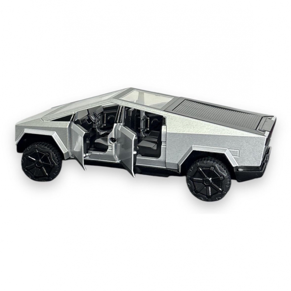 Macheta Tesla Cybertruck, Faruri si Stopuri Luminoase, din Metal, cu Lumini si Sunete realistice de Motor si Alarma, Volan Functional, cu Functie Pull-Back, cu Functie de Deschidere a Usilor - Gri [15]