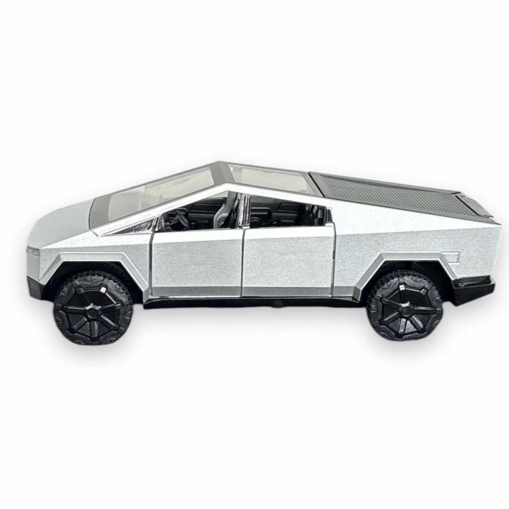 Macheta Tesla Cybertruck, Faruri si Stopuri Luminoase, din Metal, cu Lumini si Sunete realistice de Motor si Alarma, Volan Functional, cu Functie Pull-Back, cu Functie de Deschidere a Usilor - Gri [13]