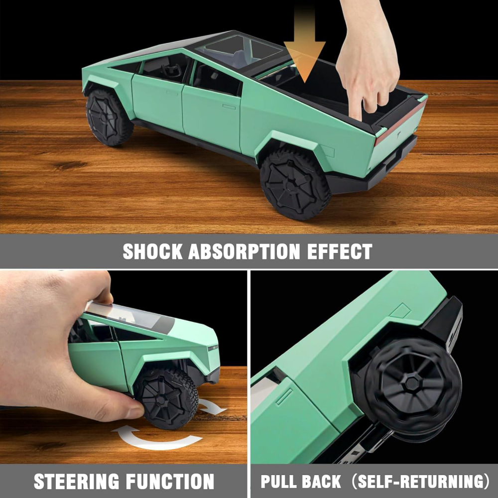 Macheta Tesla Cybertruck, Faruri si Stopuri Luminoase, din Metal, cu Lumini si Sunete realistice de Motor si Alarma, Volan Functional, cu Functie Pull-Back, cu Functie de Deschidere a Usilor - Verde [6]