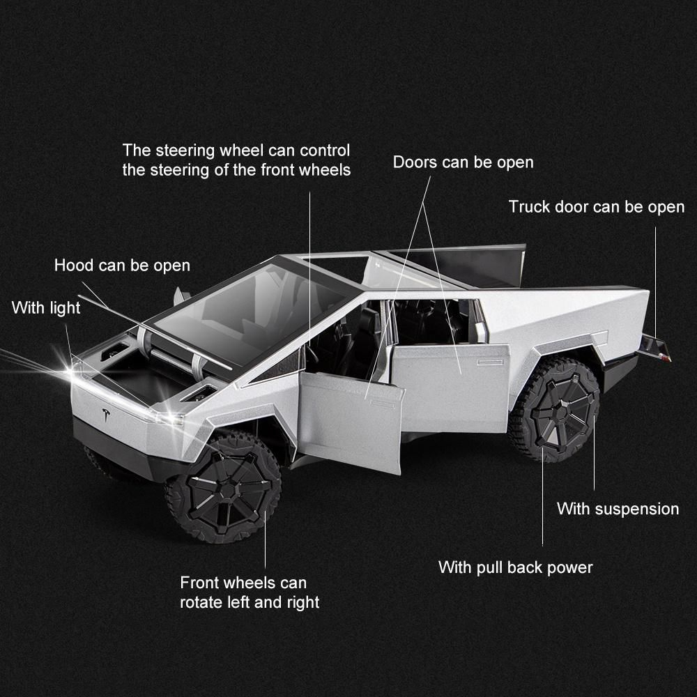 Macheta Tesla Cybertruck, Faruri si Stopuri Luminoase, din Metal, cu Lumini si Sunete realistice de Motor si Alarma, Volan Functional, cu Functie Pull-Back, cu Functie de Deschidere a Usilor - Gri [12]