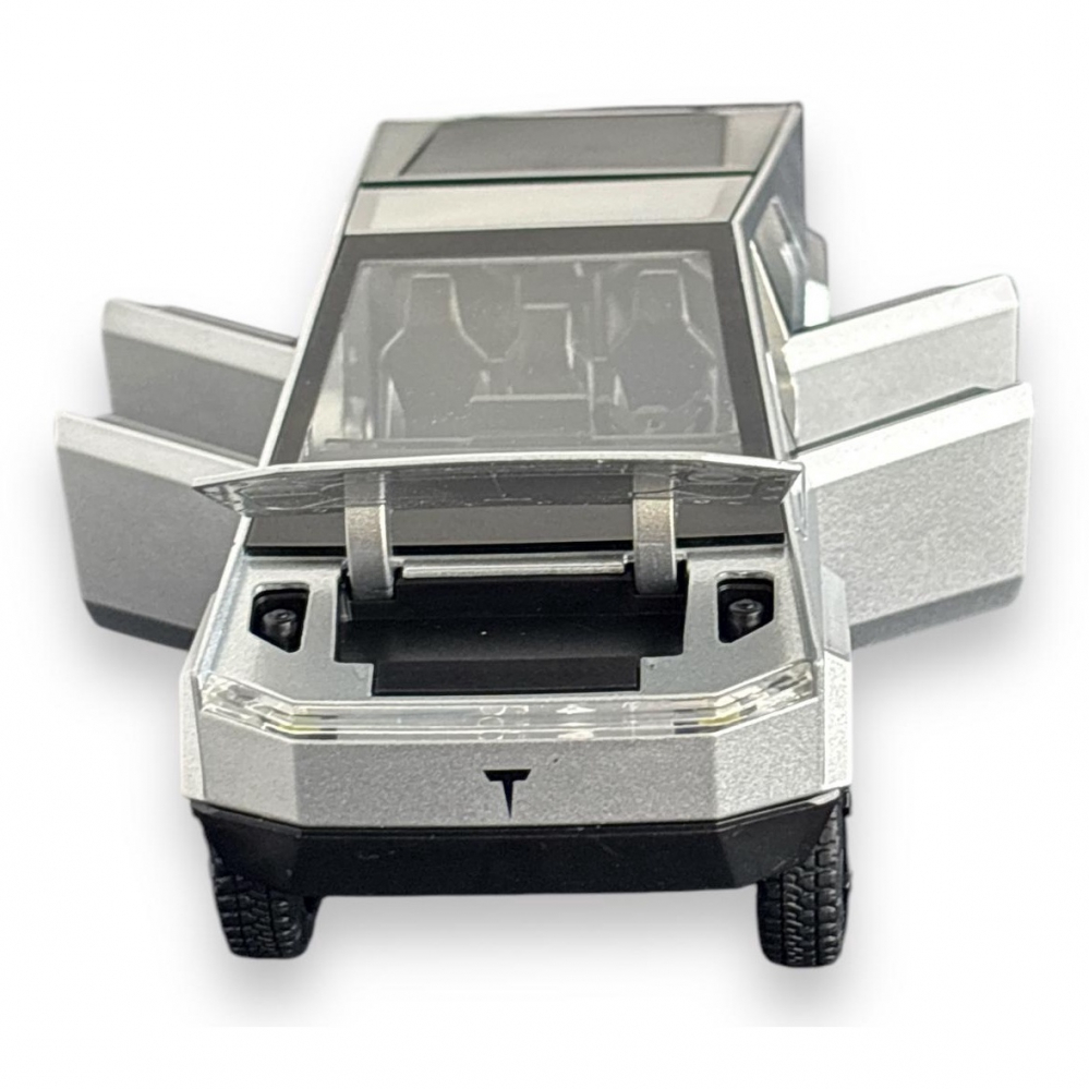 Macheta Tesla Cybertruck, Faruri si Stopuri Luminoase, din Metal, cu Lumini si Sunete realistice de Motor si Alarma, Volan Functional, cu Functie Pull-Back, cu Functie de Deschidere a Usilor - Gri [14]