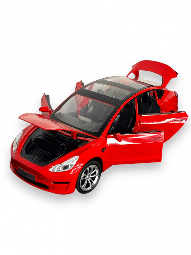 Macheta Tesla Model 3, din Metal, cu Faruri si Stopuri care Lumineaza, Sunete realistice de Motor si Alarma, cu Functie Pull-Back, cu Functie de Deschidere a Usilor - Rosu [3]