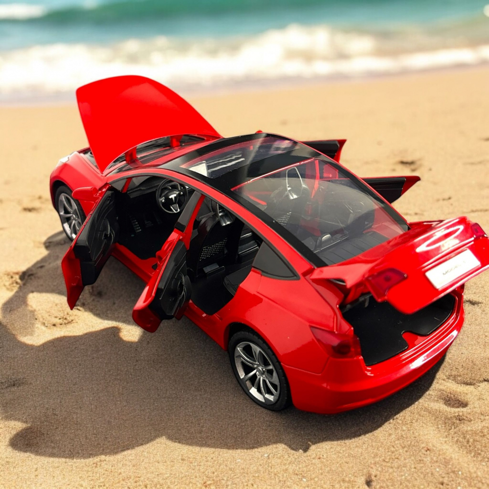 Macheta Tesla Model 3, din Metal, cu Faruri si Stopuri care Lumineaza, Sunete realistice de Motor si Alarma, cu Functie Pull-Back, cu Functie de Deschidere a Usilor - Rosu [9]