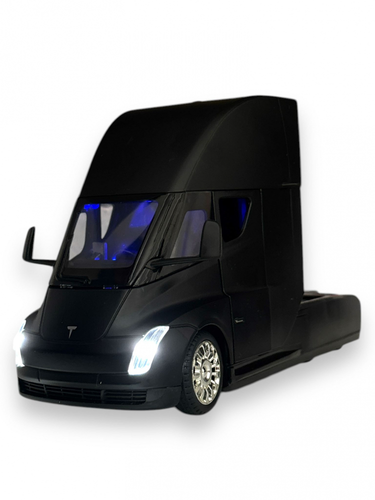 Macheta Tesla Semi-Trailer Truck Head, cu Statie de Incarcare, din Metal, cu Lumini si Sunete realistice de Motor si Alarma, cu Functie Pull-Back, cu Functie de Deschidere a Usilor - Negru [12]