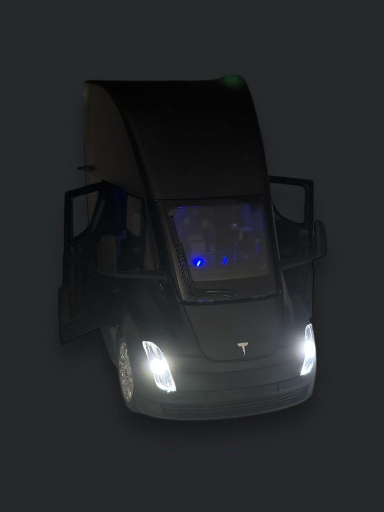 Macheta Tesla Semi-Trailer Truck Head, cu Statie de Incarcare, din Metal, cu Lumini si Sunete realistice de Motor si Alarma, cu Functie Pull-Back, cu Functie de Deschidere a Usilor - Negru [14]