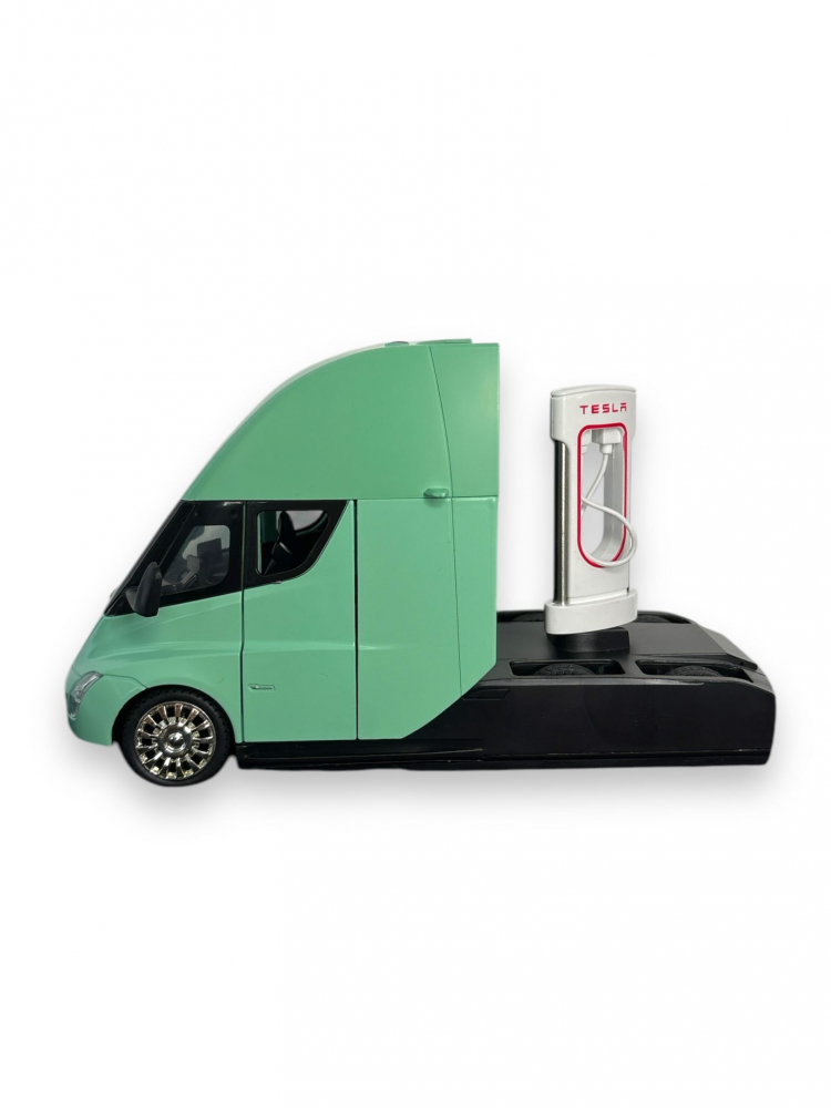 Macheta Tesla Semi-Trailer Truck Head, cu Statie de Incarcare, din Metal, cu Lumini si Sunete realistice de Motor si Alarma, cu Functie Pull-Back, cu Functie de Deschidere a Usilor - Verde [3]
