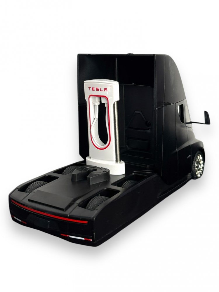 Macheta Tesla Semi-Trailer Truck Head, cu Statie de Incarcare, din Metal, cu Lumini si Sunete realistice de Motor si Alarma, cu Functie Pull-Back, cu Functie de Deschidere a Usilor - Negru [9]