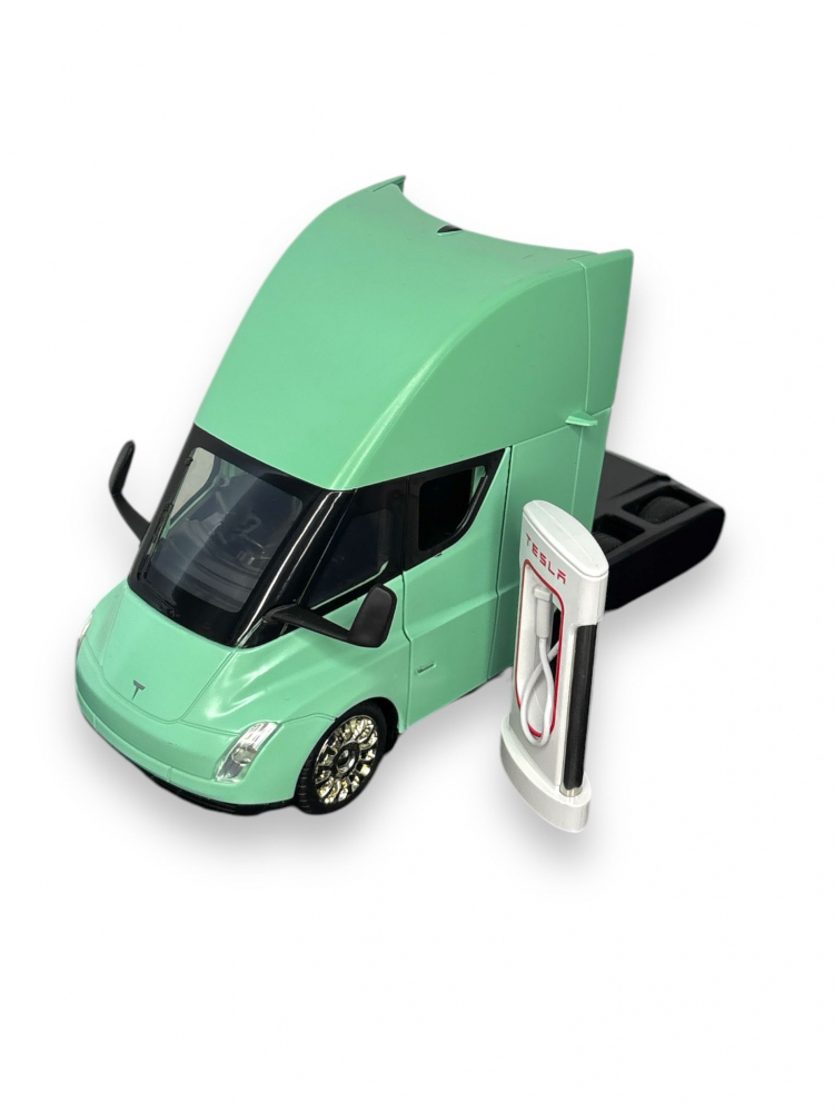Macheta Tesla Semi-Trailer Truck Head, cu Statie de Incarcare, din Metal, cu Lumini si Sunete realistice de Motor si Alarma, cu Functie Pull-Back, cu Functie de Deschidere a Usilor - Verde [4]
