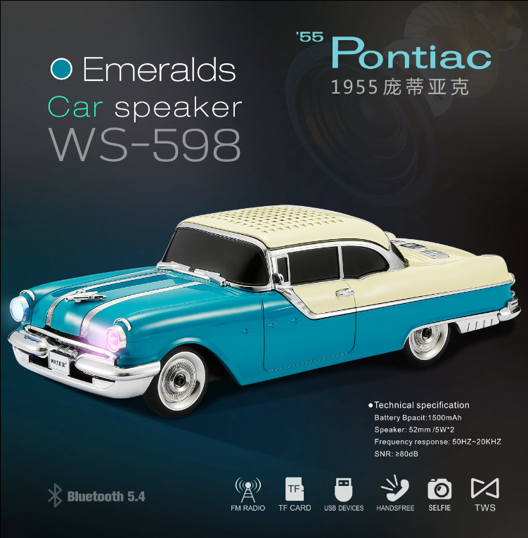 Masina-Boxa Pontiac 1955, cu Bluetooth, MP3, USB, Card TF, U Disk, Radio FM, HIFI Stereo, din Plastic, 28cm - Emerald [4]