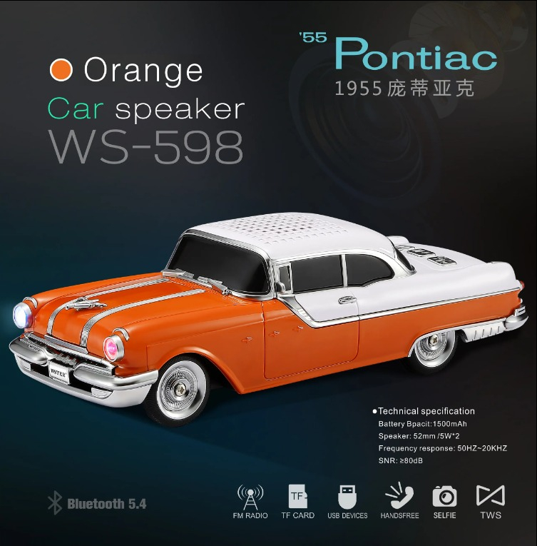 Masina-Boxa Pontiac 1955, cu Bluetooth, MP3, USB, Card TF, U Disk, Radio FM, HIFI Stereo, din Plastic, 28cm - Portocaliu [5]