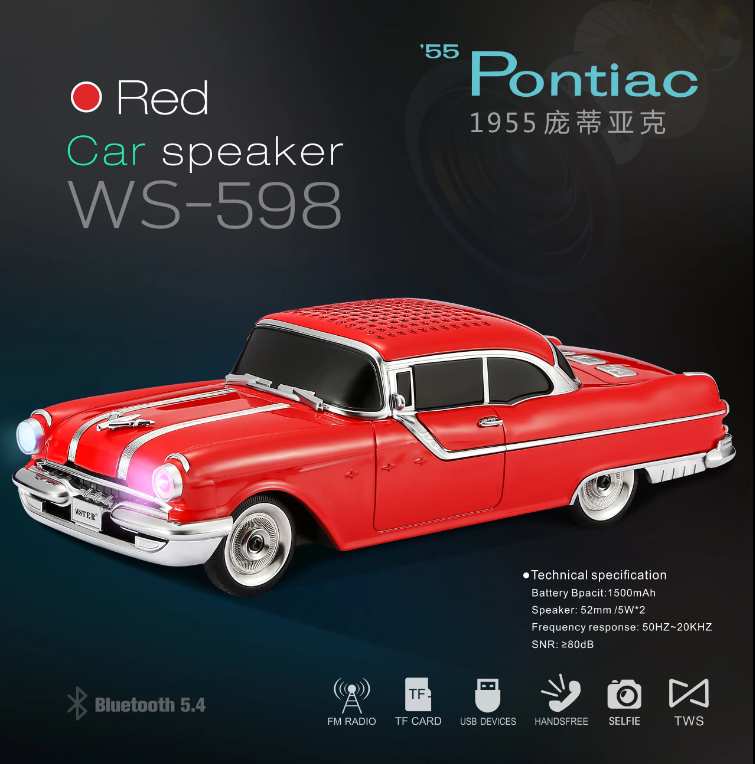 Masina-Boxa Pontiac 1955, cu Bluetooth, MP3, USB, Card TF, U Disk, Radio FM, HIFI Stereo, din Plastic, 28cm - Rosu [5]